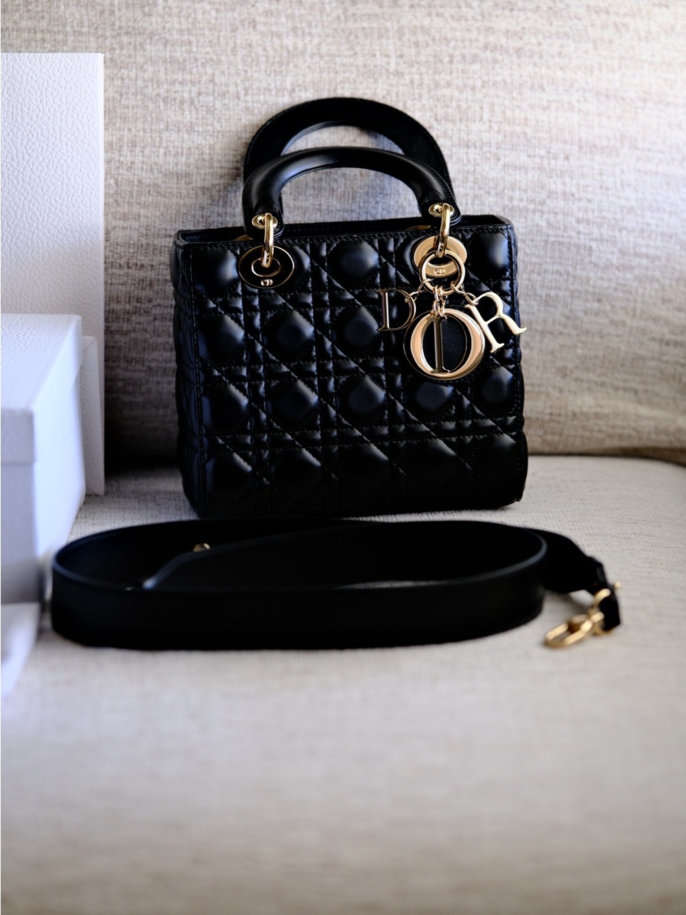 Dior Black Quilted small Lady Bag with Gold Charms